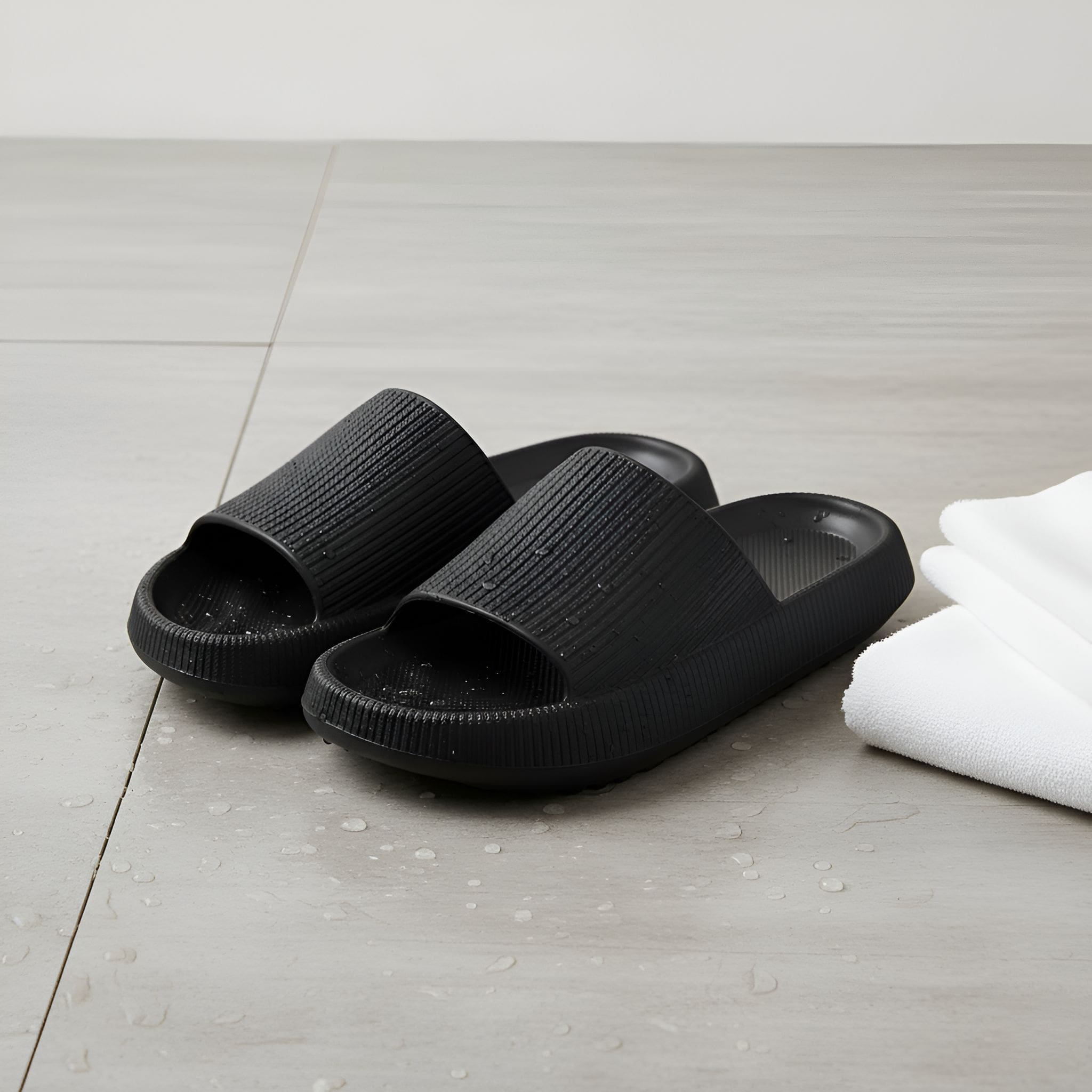 Sandales STRIVA Classics noir posées sur un sol mettant en avant leur semelle épaisse et confortable.